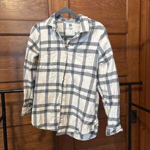 Altar'd State Cream and Gray Plaid Flannel Button Down Shirt